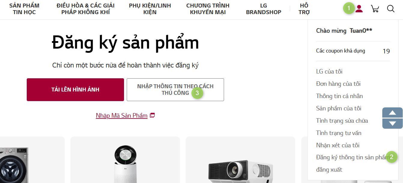 chọn đăng ký thông tin sản phẩm lg