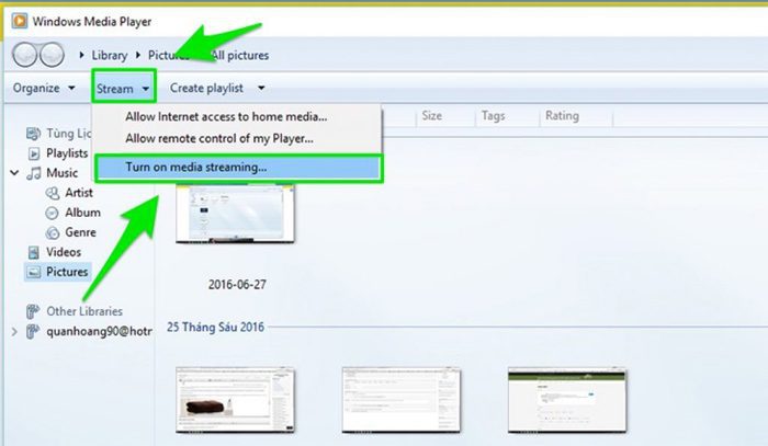 Chọn Turn on media streaming để bắt đầu khởi chạy DLNA