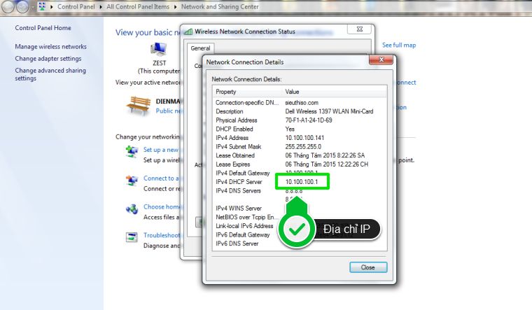 IP chính xác của mạng nằm ở mục IPv4 DHCP server