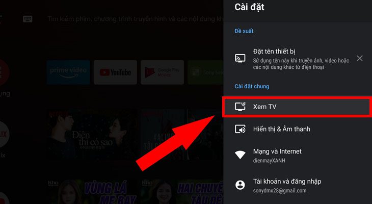 Nhấp chọn mục Xem TV.