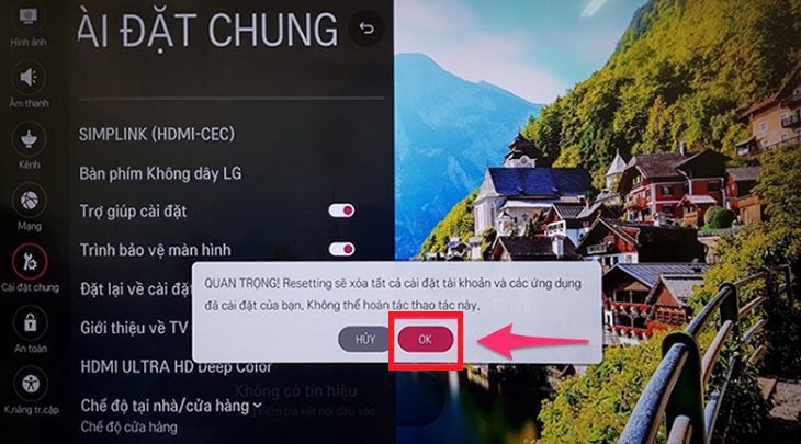 Chọn OK là tivi sẽ tự thực hiện khôi phục lại Chọn OK là tivi sẽ tự thực hiện khôi phục lại