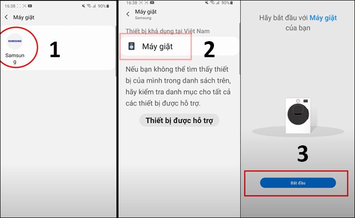 Tiếp theo bạn chọn logo Samsung > chọn máy giặt > nhấn vào bắt đầu