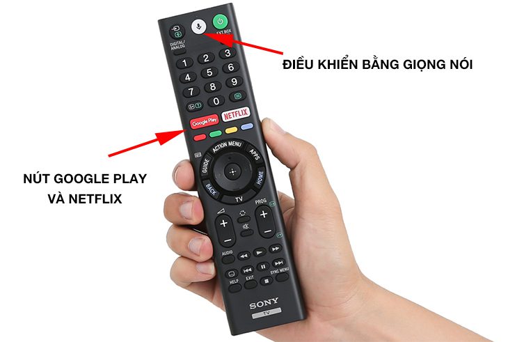 Điều khiển tivi Sony đời 2018 trở về nay có nhiều nút mới: google play, netflix, điều khiển giọng nói
