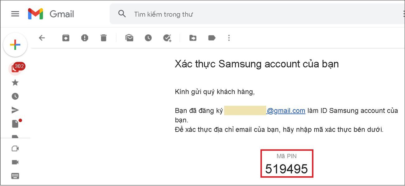 Một email của Samsung sẽ gửi về tài khoản Gmail của bạn. Đăng nhập vào Gmail, tìm đến email để nhận mã xác thực.