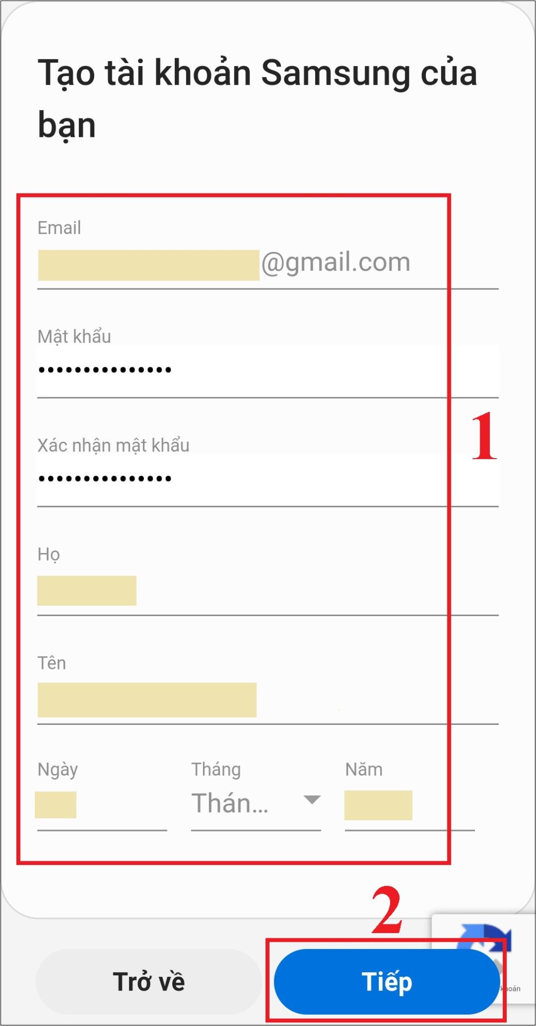 Nhập địa chỉ email, mật mã bạn muốn tạo, họ và tên, ngày sinh > Chọn Tạo tài khoản.