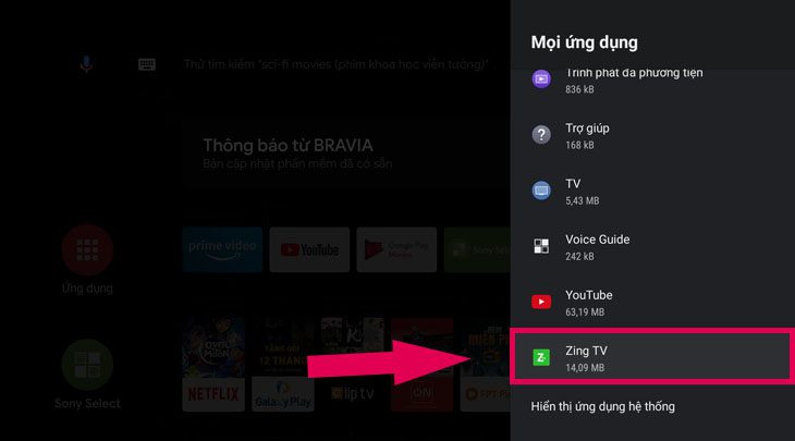 Chọn ứng dụng muốn xóa trên tivi Sony