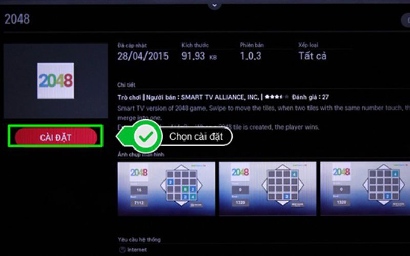 Chọn Cài đặt để tải game về tivi LG