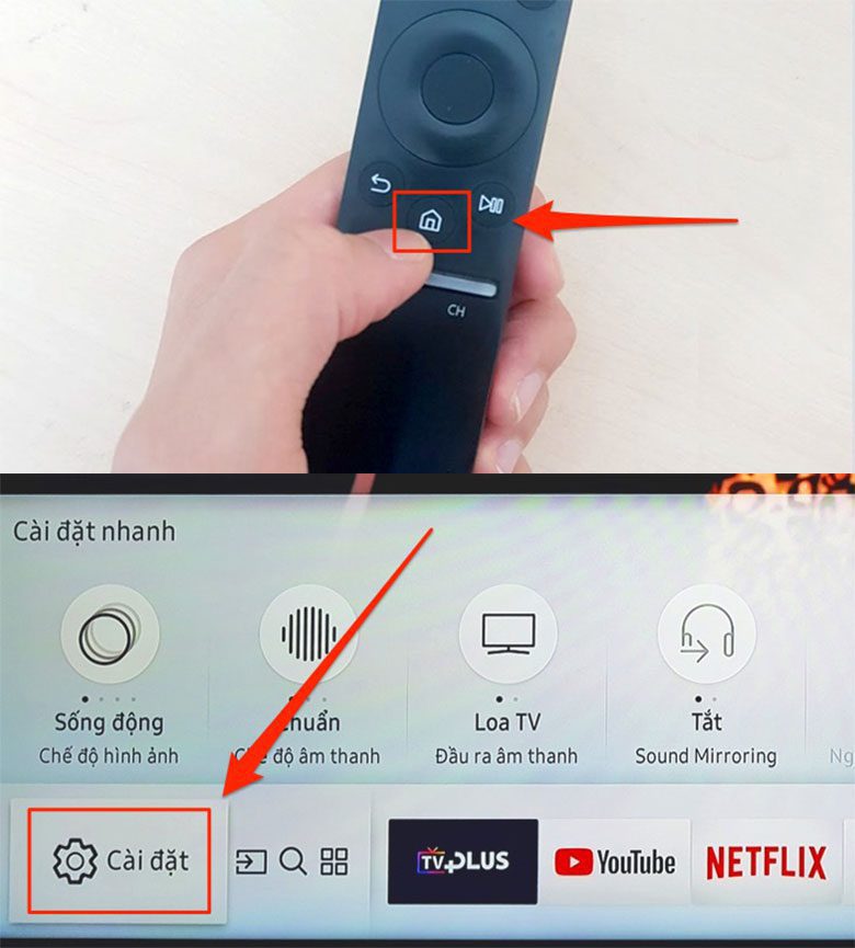 Chọn biểu tượng "Hình ngôi nhà" để đến giao diện chính của tivi, chọn "Cài đặt"