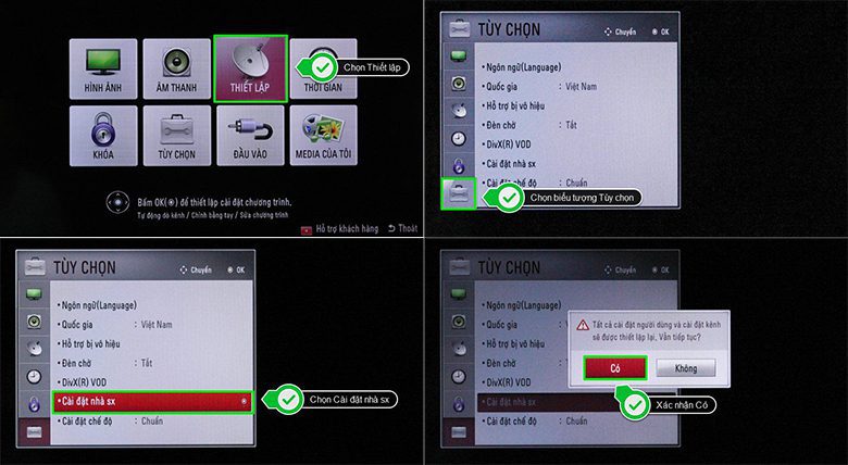khôi phục cài đặt gốc tivi LG thường sửa lỗi tivi bị mất màu
