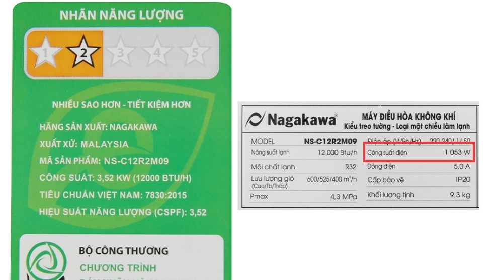 Công suất tiêu thụ điện của điều hòa Nagakawa 12000BTU
