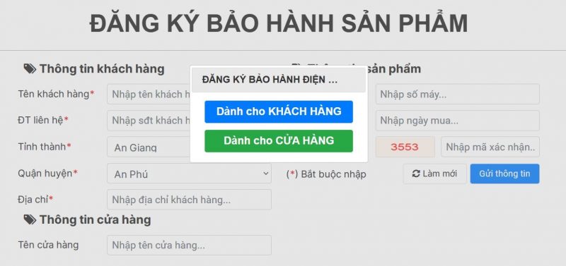 đăng ký bảo hành điện tử trên website Aqua