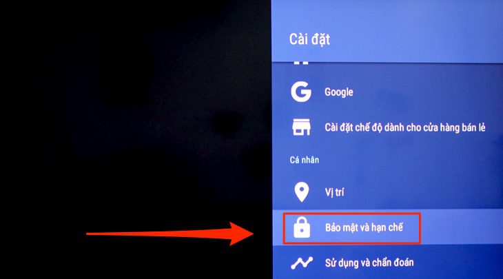 Mục Cài đặt trên Android tivi Sony