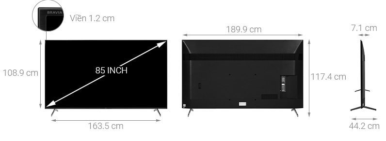 kích thước bao ngoài tivi sony 85 inch