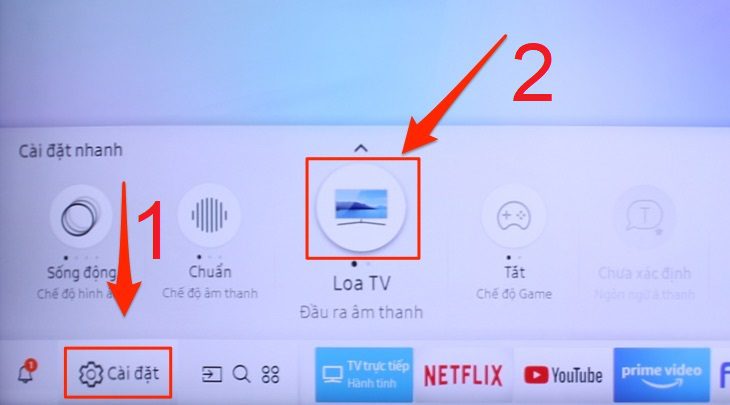Bạn tìm đến và chọn mục Cài đặt > Nhấn mục Loa TV Bạn tìm đến và chọn mục Cài đặt > Nhấn mục Loa TV