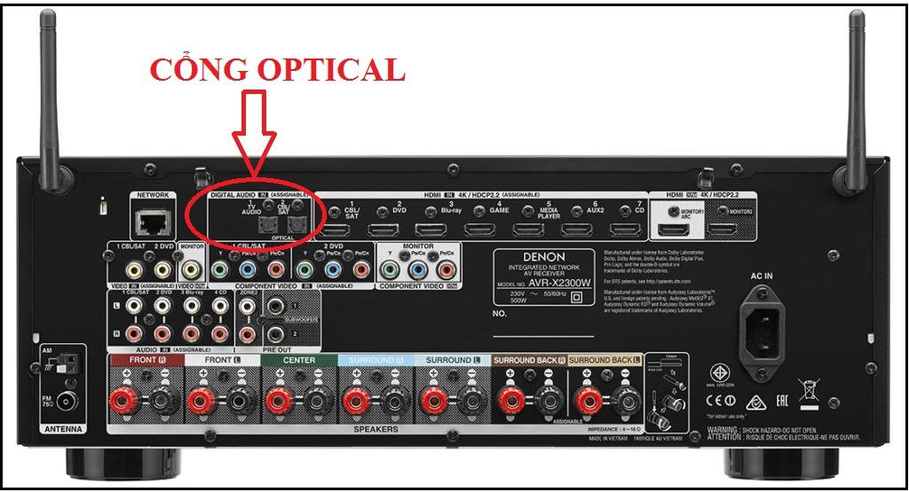 Cắm đầu còn lại của dây Optical vào cổng Optical trên amply. Cắm đầu còn lại của dây Optical vào cổng Optical trên amply.