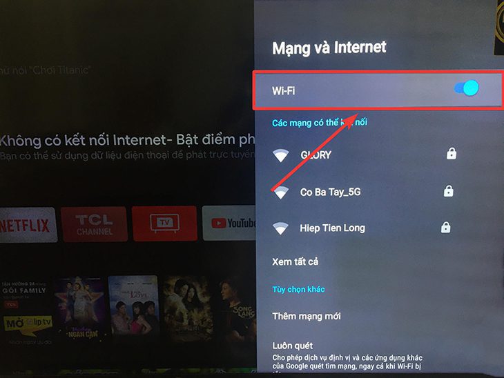 bật kết nối wifi