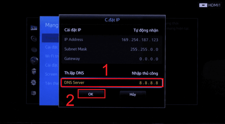 Nhập thông số DNS của Google (8.8.8.8) và nhấn OK