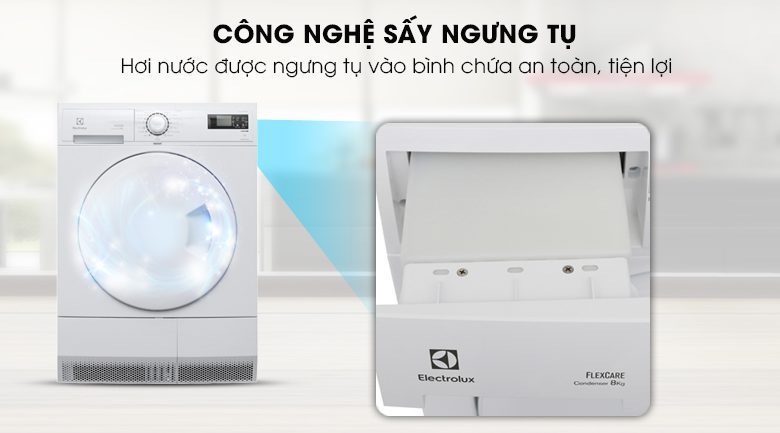 hộp chứa ngước ngưng tụ nằm phía trên cùng của máy sấy